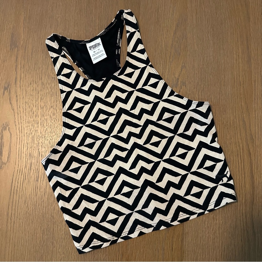 PINK Geometric Black & Cream Cropped Tank Top